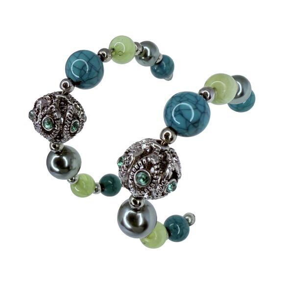 Blue Beaded Half Hoop Earrings 1.5" Silver Tone Bohemian Southwestern Native - Picture 5 of 12